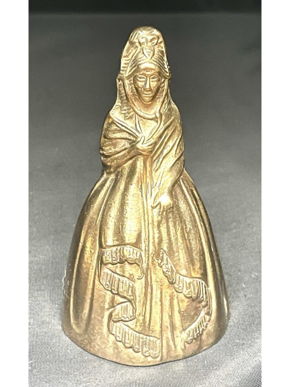 Vintage Solid Brass Crinoline Lady Bell Victorian Cloaked Figurine Table Bell 4”